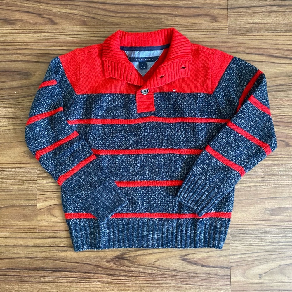 Tommy Hilfiger Kids Red and Bluish Gray Button Long Sleeve Sweater Size 7